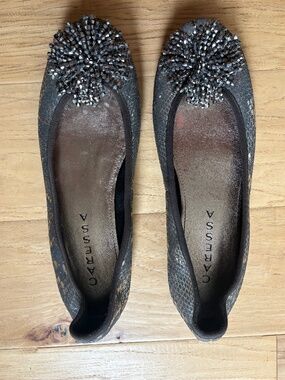 Caressa silver and black ballet flats with beaded pom flower